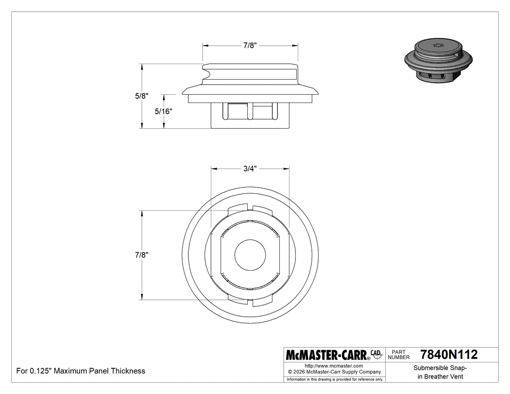 Technical Drawing of Submersible Snap-in Breather Vent, for 7/8" Diameter Hole.